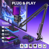 ZealSound Gaming USB Microphone,Noise Cancellation Condenser mic,RGB Microphone with Mute,Gain,Monitoring,Boom Arm,Pop Filter for Phone,PC,Computer,PS4,PS5,Mac,Streaming,Podcast,Twitch,YouTube,Discord